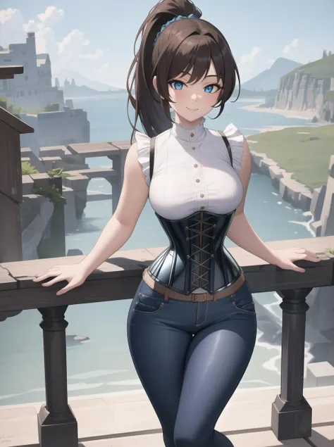 8k, masterpiece, highly detailed, 1girl, (bright blue underbust corset), <lora:underbust_corset-1.0:0.8>, jeans, sleeveless, full body, head tilt, coy smile, big ponytail, brown hair,