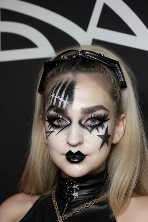 S011_BlakeBlossom_v2 black and white face paint<lora:edg_makeup1:0.8> edg_makeup , edg_makeup on face, rockstar attire, rorckstar hair