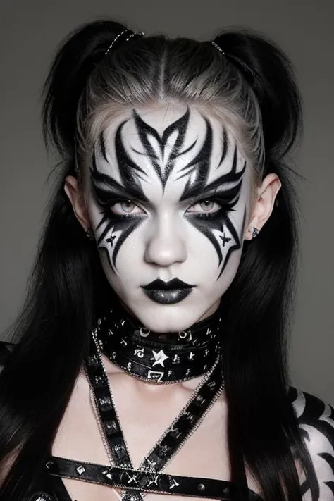 S010_AlexGrey_v2 black and white face paint<lora:edg_makeup1:0.8> edg_makeup , edg_makeup on face, rockstar attire, rorckstar hair