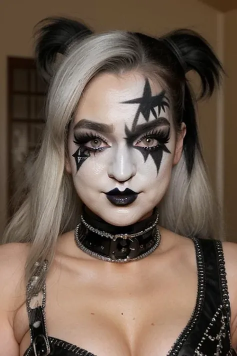 S011_BlakeBlossom_v2 black and white face paint<lora:edg_makeup1:0.8> edg_makeup , edg_makeup on face, rockstar attire, rorckstar hair