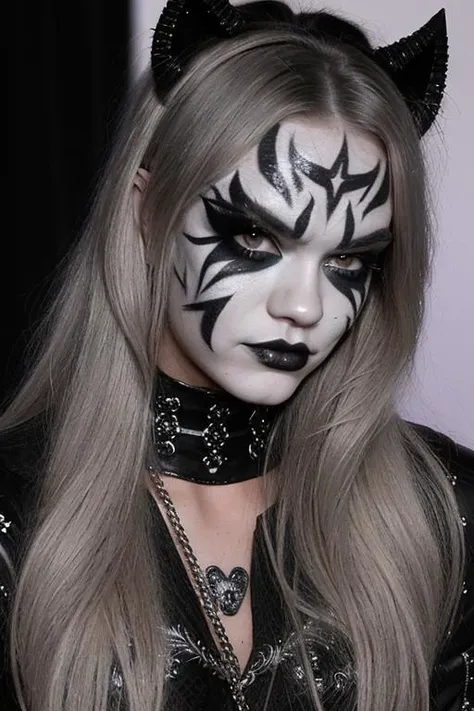 S010_AlexGrey_v2 black and white face paint<lora:edg_makeup1:0.8> edg_makeup , edg_makeup on face, rockstar attire, rorckstar hair