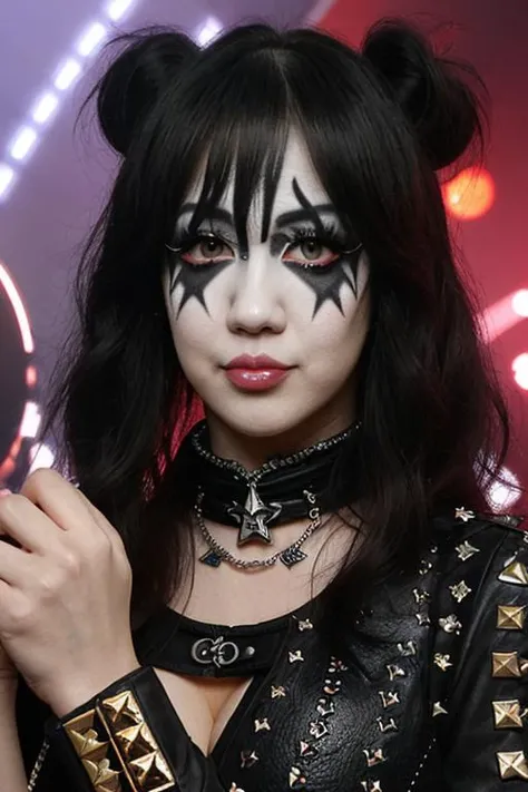 <lora:edg_makeup1:0.8> edg_makeup , edg_makeup on face, rockstar attire, rorckstar hair rar4nza1