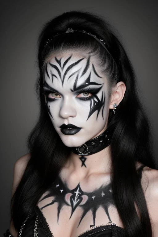 S010_AlexGrey_v2 black and white face paint<lora:edg_makeup1:0.8> edg_makeup , edg_makeup on face, rockstar attire, rorckstar hair