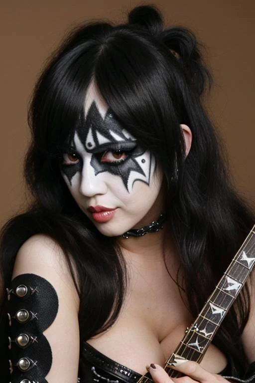 <lora:edg_makeup1:0.8> edg_makeup , edg_makeup on face, rockstar attire, rorckstar hair rar4nza1