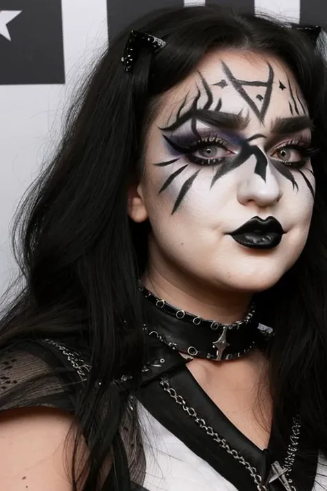 S011_BlakeBlossom_v2 black and white face paint<lora:edg_makeup1:0.8> edg_makeup , edg_makeup on face, rockstar attire, rorckstar hair