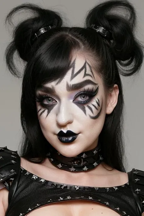 S011_BlakeBlossom_v2 black and white face paint<lora:edg_makeup1:0.8> edg_makeup , edg_makeup on face, rockstar attire, rorckstar hair
