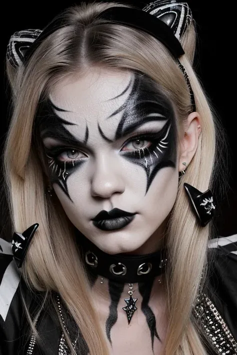 S010_AlexGrey_v2 black and white face paint<lora:edg_makeup1:0.8> edg_makeup , edg_makeup on face, rockstar attire, rorckstar hair