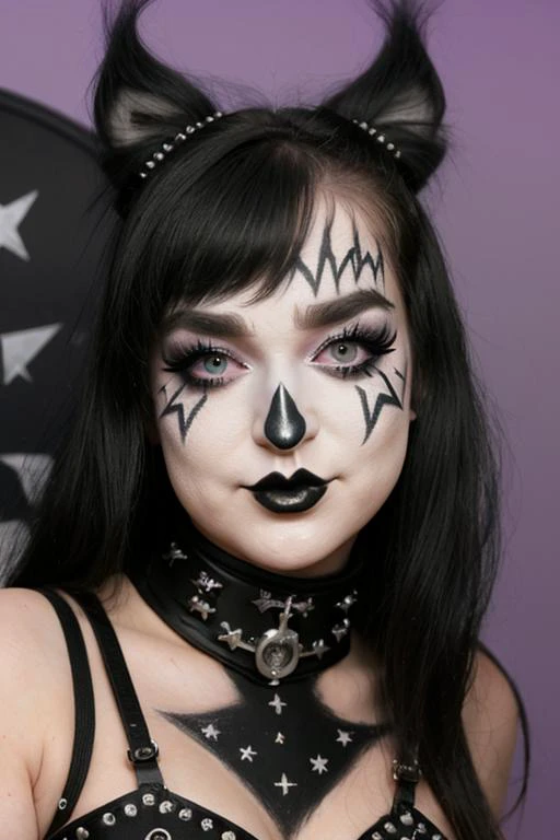 S011_BlakeBlossom_v2 black and white face paint<lora:edg_makeup1:0.8> edg_makeup , edg_makeup on face, rockstar attire, rorckstar hair