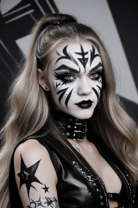 S010_AlexGrey_v2 black and white face paint<lora:edg_makeup1:0.8> edg_makeup , edg_makeup on face, rockstar attire, rorckstar hair