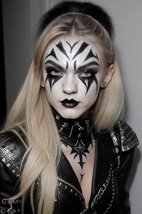 S010_AlexGrey_v2 black and white face paint<lora:edg_makeup1:0.8> edg_makeup , edg_makeup on face, rockstar attire, rorckstar hair