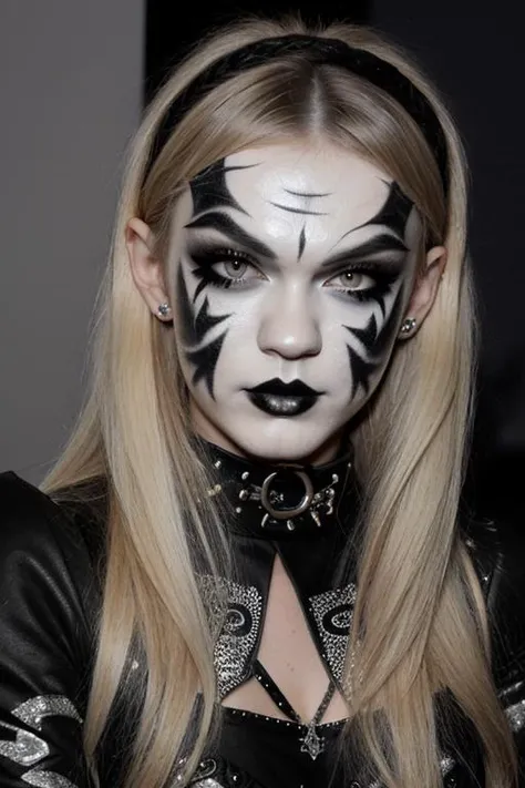 S010_AlexGrey_v2 black and white face paint<lora:edg_makeup1:0.8> edg_makeup , edg_makeup on face, rockstar attire, rorckstar hair