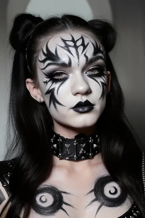 S010_AlexGrey_v2 black and white face paint<lora:edg_makeup1:0.8> edg_makeup , edg_makeup on face, rockstar attire, rorckstar hair