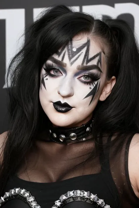 S011_BlakeBlossom_v2 black and white face paint<lora:edg_makeup1:0.8> edg_makeup , edg_makeup on face, rockstar attire, rorckstar hair
