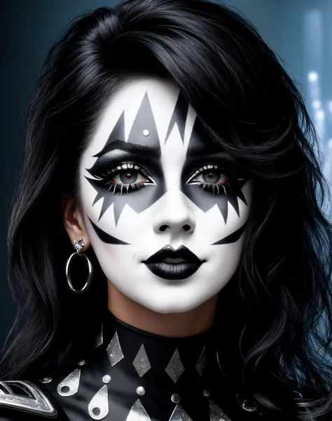 4K, Masterpiece, highres, absurdres,eedg_makeup, a woman with a black and white face paint , edg_makeup on face, rockstar attire, rorckstar hair, surreal, lights on, shadows,great composition, (realistic:0.8),(full body picture:1.3) <lora:edg_makeup:1>