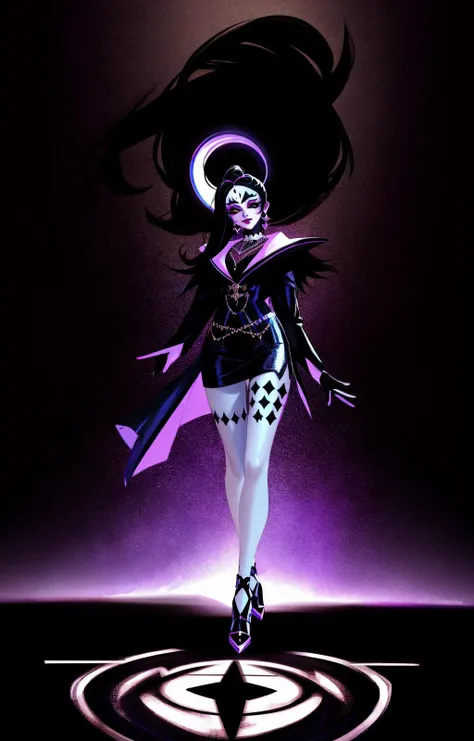 4K, Masterpiece, highres, absurdres,edg_makeup, a woman with a black and white face paint , edg_makeup on face, rockstar attire, rorckstar hair, surreal, lights on, shadows,great composition, (realistic:0.8), (((full body picture))) <lora:edg_makeup1:0.65>