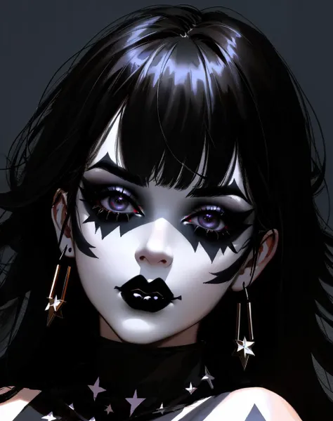4K, Masterpiece, highres, absurdres,photorealistic,edg_makeup, a woman with a black and white face paint , edg_makeup on face, rockstar attire, rorckstar hair,cowboy shot, surreal, lights on, shadows,great composition, (realistic:0.8), <lora:edg_makeup:0.7>