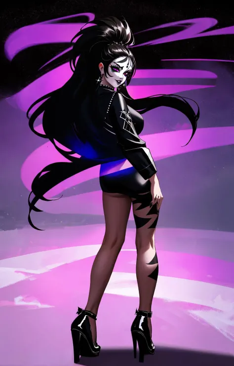 4K, Masterpiece, highres, absurdres,edg_makeup, a woman with a black and white face paint , edg_makeup on face, rockstar attire, rorckstar hair, surreal, lights on, shadows,great composition, (realistic:0.8), (((full body picture))) <lora:edg_makeup1:0.65>