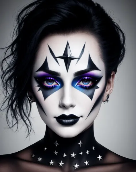 4K, Masterpiece, highres, absurdres,eedg_makeup, a woman with a black and white face paint , edg_makeup on face, rockstar attire, rorckstar hair, surreal, lights on, shadows,great composition, (realistic:0.8),((half body focus)) <lora:edg_makeup:0.35>