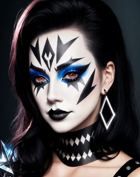4K, Masterpiece, highres, absurdres,eedg_makeup, a woman with a black and white face paint , edg_makeup on face, rockstar attire, rorckstar hair, surreal, lights on, shadows,great composition, (realistic:0.8),((half body focus)) <lora:edg_makeup:1>