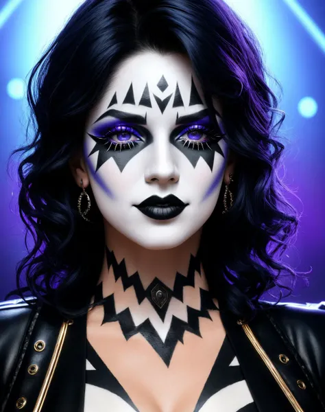4K, Masterpiece, highres, absurdres,eedg_makeup, a woman with a black and white face paint , edg_makeup on face, rockstar attire, rorckstar hair, surreal, lights on, shadows,great composition, (realistic:0.8),(full body picture:1.3) <lora:edg_makeup:0.5>