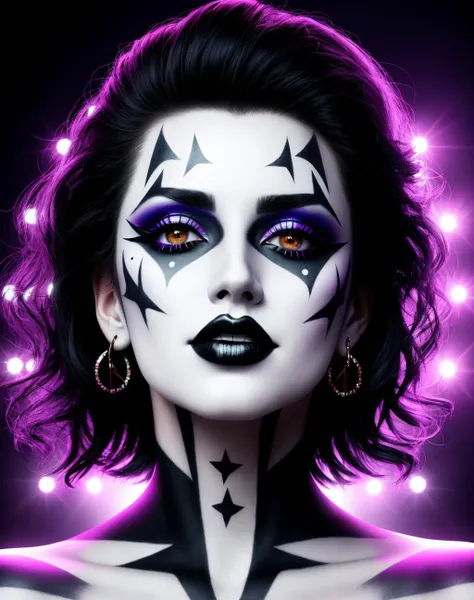 4K, Masterpiece, highres, absurdres,eedg_makeup, a woman with a black and white face paint , edg_makeup on face, rockstar attire, rorckstar hair, surreal, lights on, shadows,great composition, (realistic:0.8),(full body picture:1.3) <lora:edg_makeup:0.3>
