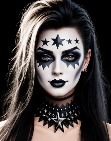 4K, Masterpiece, highres, absurdres,eedg_makeup, a woman with a black and white face paint , edg_makeup on face, rockstar attire, rorckstar hair, surreal, lights on, shadows,great composition, (realistic:0.8),((cowboy shot)) <lora:edg_makeup:0.35>