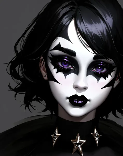 4K, Masterpiece, highres, absurdres,eedg_makeup, a woman with a black and white face paint , edg_makeup on face, rockstar attire, rorckstar hair, surreal, lights on, shadows,great composition, (realistic:0.8), <lora:edg_makeup:0.65>