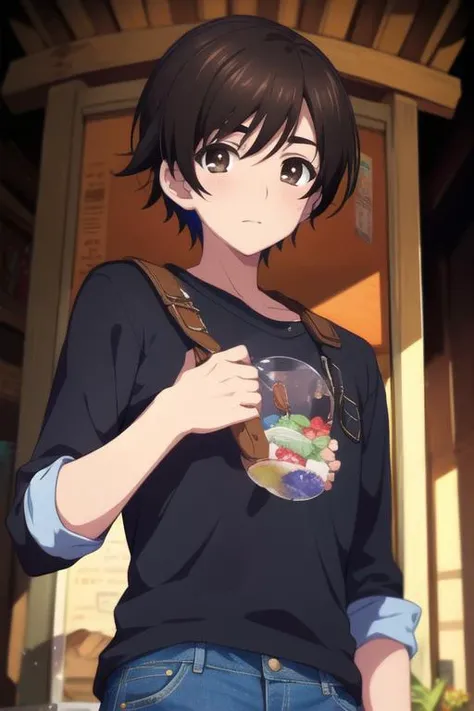 masterpiece, best quality, illustration, 1boy, solo, male focus, looking at viewer, upper body, depth of field, <lora:haruki_kitahara:0.66>, haruki_kitahara, black hair, brown eyes, denim jeans, , The Shrine of the Lost, 32k resolution