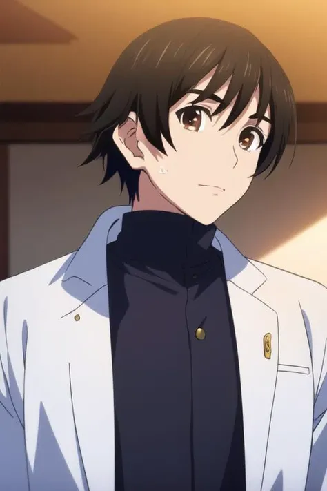 masterpiece, best quality, game cg, 1boy, solo, male focus, looking at viewer, upper body, depth of field, <lora:haruki_kitahara:0.68>, haruki_kitahara, black hair, brown eyes, , , science fiction western, 12k resolution