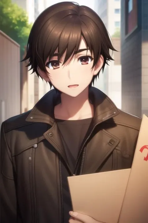 masterpiece, best quality, game cg, 1boy, solo, male focus, looking at viewer, upper body, , <lora:haruki_kitahara:0.72>, haruki_kitahara, black hair, brown eyes, mackintosh, , cyberpunk, 2k resolution