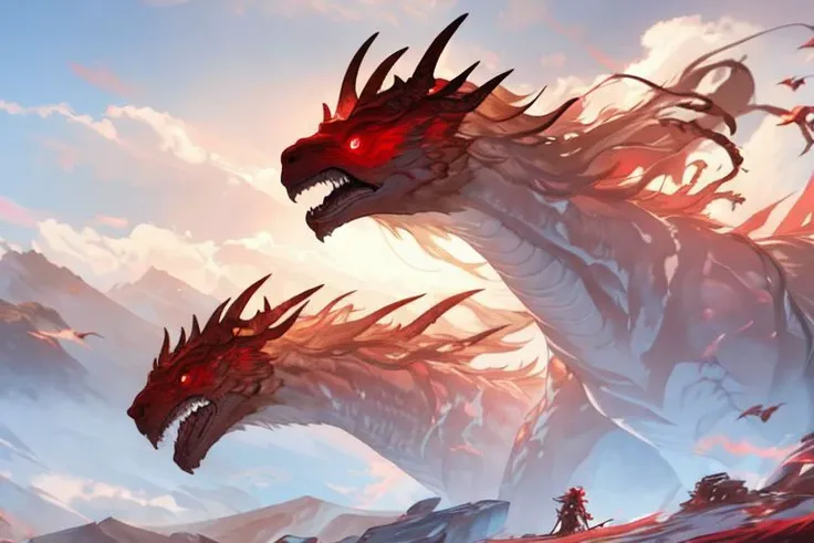 Hyperrealistic art BJ_Sacred_beast, red_eyes, outdoors, horns, sky, teeth, day, cloud, cloudy_sky, scenery, smoke, mountain,dragon,snake body,
cinematic lighting,strong contrast,high level of detail,Best quality,masterpiece,<lora:SDXL_Sacred_beast:0.7>, . Extremely high-resolution details, photographic, realism pushed to extreme, fine texture, incredibly lifelike,best quality, masterpiece, floating, fly,divine beast