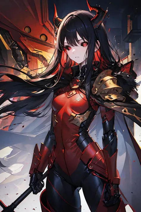 ((masterpiece)), ((best quality)), (ultra-detailed), outdoors, detailed background, wallpaper, highest quality, 1girl, Dictator, red and black military uniform, Perfect Anatomy, Military Appearance, Officer, Commander, Military, perfect anatomy, detailed face, super detailed skin, detailed beautiful eyes, very long hair, straight hair, black hair with red streaks, red horns, red eyes, detailed clothing, single mechanical arm, shoulder armor, armored boots, small breasts, cape, villain, evil, emotionless, cowboy shot