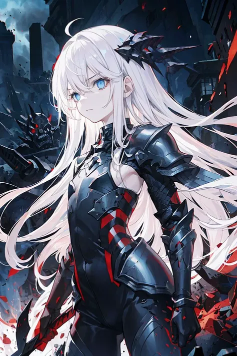 1girl, black armor, mythical, red crimson effects, breaking through dimensions, blue eyes, very long hair, ahoge, white hair, striking down the monsters from hell, red particles coming from the sword, dark, destruction, death, armies of hell, petite, flat chest, emotionless, cold attitude