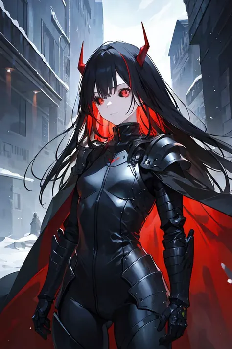 ((masterpiece)), ((best quality)), (ultra-detailed), outdoors, detailed background, wallpaper, highest quality, 1girl, red and black military uniform, Perfect Anatomy, Military Appearance, Officer, Commander, Military, perfect anatomy, detailed face, super detailed skin, detailed beautiful eyes, very long hair, straight hair, black hair with red streaks, red horns, red eyes, detailed clothing, single mechanical arm, shoulder armor, armored boots, small breasts, cape, villain, evil, emotionless, cowboy shot, solo, winter, snow, dark ambiance, futuristic
