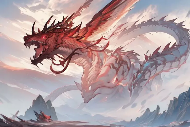 Hyperrealistic art BJ_Sacred_beast, red_eyes, outdoors, horns, sky, teeth, day, cloud, cloudy_sky, scenery, smoke, mountain,dragon,snake body,
cinematic lighting,strong contrast,high level of detail,Best quality,masterpiece,<lora:SDXL_Sacred_beast:0.7>, . Extremely high-resolution details, photographic, realism pushed to extreme, fine texture, incredibly lifelike,best quality, masterpiece, floating, fly,divine beast