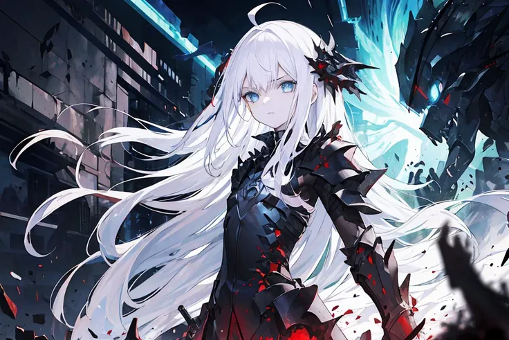 1girl, black armor, mythical, red crimson effects, breaking through dimensions, blue eyes, very long hair, ahoge, white hair, striking down the monsters from hell, red particles coming from the sword, dark, destruction, death, armies of hell, petite, flat chest, emotionless, cold attitude