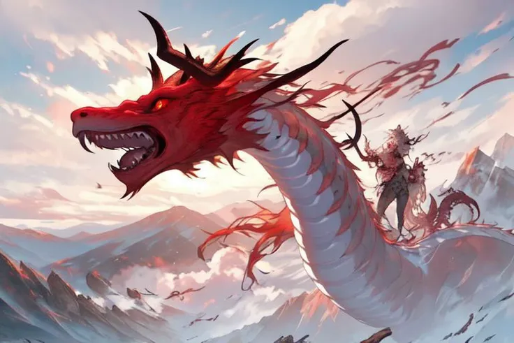 Hyperrealistic art BJ_Sacred_beast, red_eyes, outdoors, horns, sky, teeth, day, cloud, cloudy_sky, scenery, smoke, mountain,dragon,snake body,
cinematic lighting,strong contrast,high level of detail,Best quality,masterpiece,<lora:SDXL_Sacred_beast:0.7>, . Extremely high-resolution details, photographic, realism pushed to extreme, fine texture, incredibly lifelike,best quality, masterpiece, floating, fly,divine beast