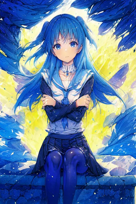 1girl, skirt, blue_sailor_collar, blue_skirt, flat chest, collarbone, desk, looking_at_viewer, miniskirt, neckerchief, no_shoes, pleated_skirt, ribbon, school_uniform, serafuku, shirt, short_sleeves, skirt, solo, highres, masterpiece, perfect hands, pantyhose, petite, <lora:chtholly_nota_seniorious_v1.1:1>