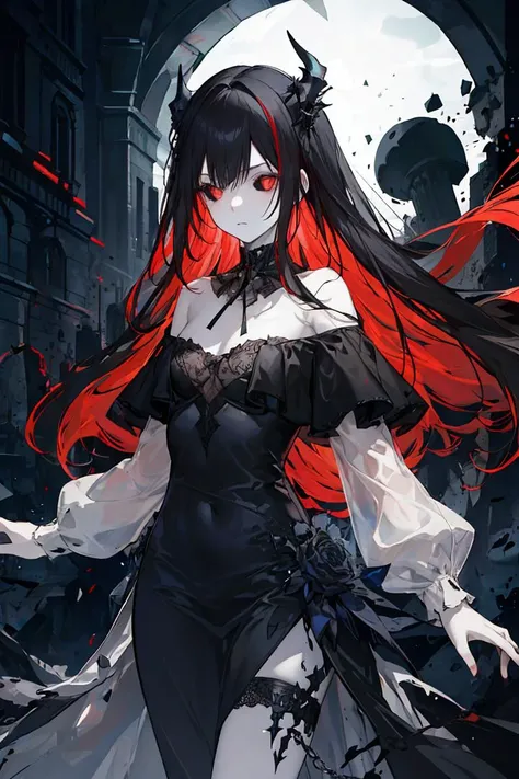 1girl, solo, black hair with red streaks, red eyes, very long hair, red horns, glowing eyes, sidelocks, small breast, expressionless, black dress, off-shoulder dress, long sleeves, long dress, (gothic), dark ambiance, night, dark room, looking at viewer, magical, emotionless, adult, pale skin, 28 years old, cold attitude, straight hair