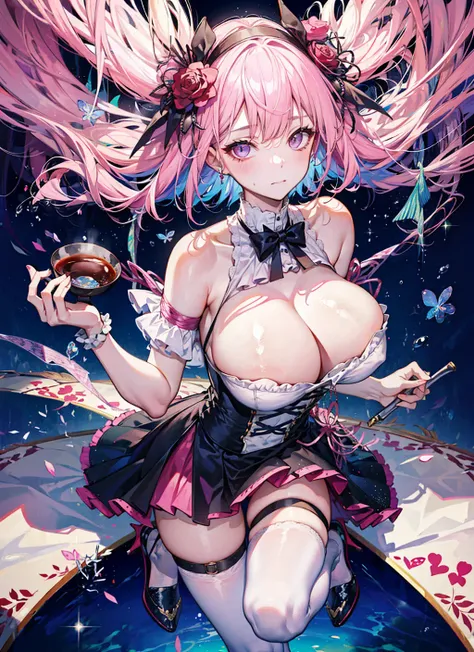 ultra-detailed, (AV idol), perfect detail , charming eyes, detailed face, perfect face, shy, looking at viewer, make up, whole body, ambiguous expression, coquettish expression, shy,famous artwork, b cup breast, beaming, stockings, open legs, hairy labia, huge areola with milk, wet body, high heels ,Bondage , dreamy face, pink hair