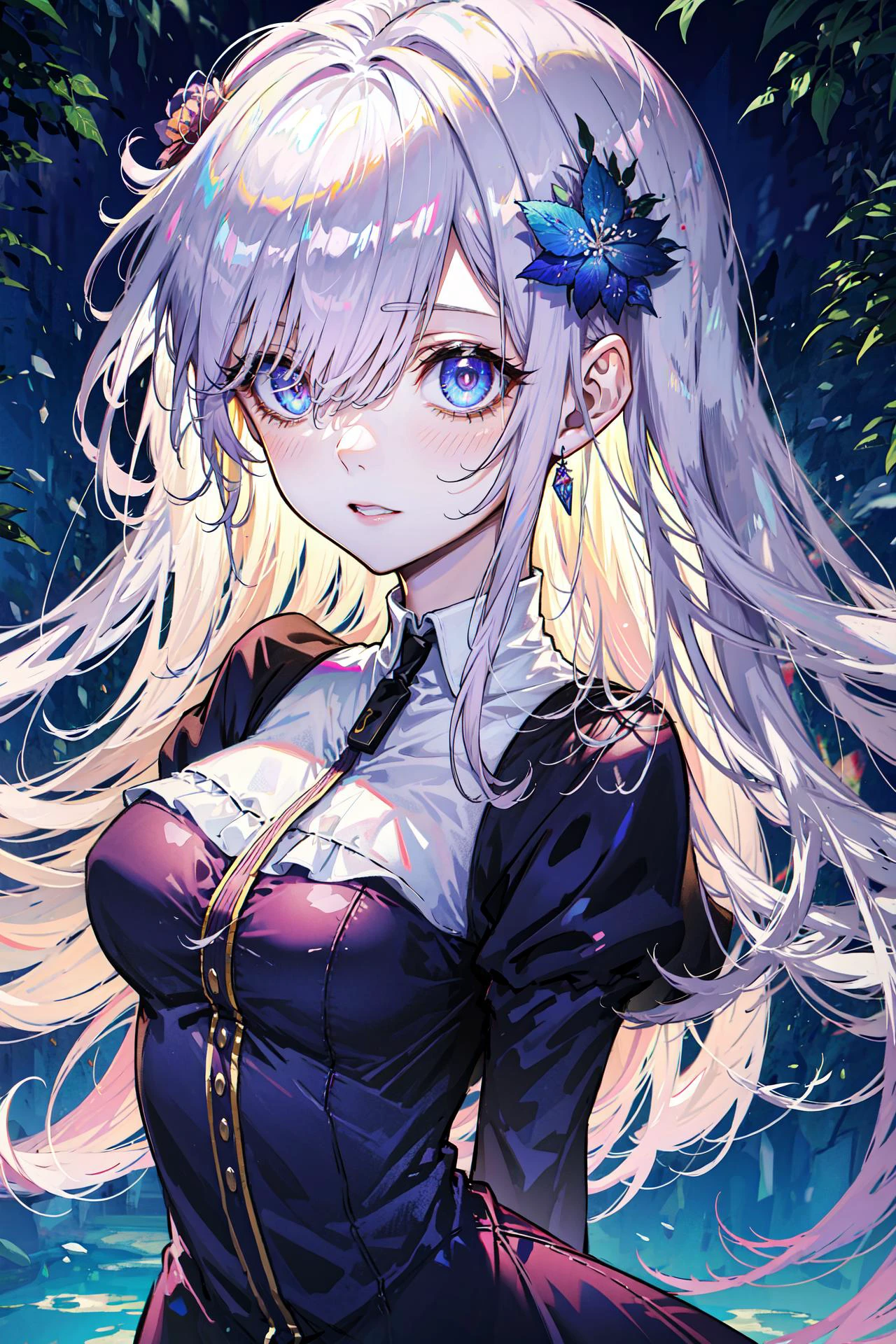 (best quality, detailed background, highres, absurdres, bloom, disheveled hair, shiny hair, exposed in lighting, bright pupils, dedicated detailed eyes),
1girl, earpiece, long hair, silver hair, large_breasts, arms behind back, daytime, outdoors, forest, water, creeks,
hair_ornament, (hair over one eye), upper body, portrait,