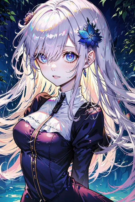 (best quality, detailed background, highres, absurdres, bloom, disheveled hair, shiny hair, exposed in lighting, bright pupils, dedicated detailed eyes),
1girl, earpiece, long hair, silver hair, large_breasts, arms behind back, daytime, outdoors, forest, water, creeks,
hair_ornament, (hair over one eye),  upper body, portrait,