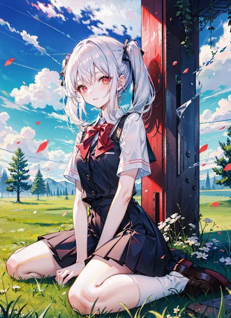 white hair, red eyes,school uniform, cloudy sky, full body, grass,looking at viewer, wariza, twintails,front,silver hair, sit,