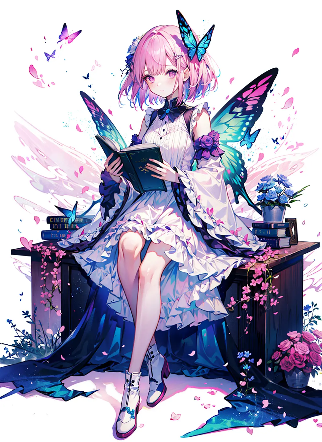 parameters
(pink theme),1girl, solo, flower, pink hair, long hair, wings, white background, pink flower, hair ornament, book, pink eyes, sitting, hair flower, dress, frills, simple background, white footwear, looking at viewer, bangs, petals, wide sleeves, full body, blue flower, holding, boots, long sleeves, closed mouth, very long hair, open book, wrist cuffs, white dress, holding book, butterfly wings, rose, pink rose, blush, purple flower, frilled dress, fairy wings, frilled sleeves,