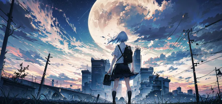 ((best quality)), ((masterpiece)), ((ultra-detailed)), (illustration), (detailed light), (an extremely delicate and beautiful), sky, star (sky), starry sky, scenery, outdoors, 1girl, crescent moon, cloud, night, skirt, white shirt, moon, bag, shirt, school uniform, night sky, sign, building,short sleeves, standing,long hair, solo, white hair, school bag, pleated skirt, facing away, power lines, backpack, utility pole,full body, black legwear,