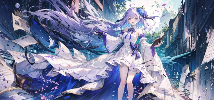 ((best quality)), ((masterpiece)), ((ultra-detailed)), (illustration), (detailed light), (an extremely delicate and beautiful),1girl, solo, barefoot, long hair, purple hair, purple eyes, book, full body, dress, ahoge, looking at viewer, white dress, detached sleeves, hair ornament, bangs, holding, wide sleeves, purple ribbon, blush, smile, standing, star (symbol), breasts, bare legs, very long hair, toes, ribbon, long sleeves, jewelry, feet, open book, open mouth, holding book, sleeveless, bare shoulders, flower, frills, bow, hair flower