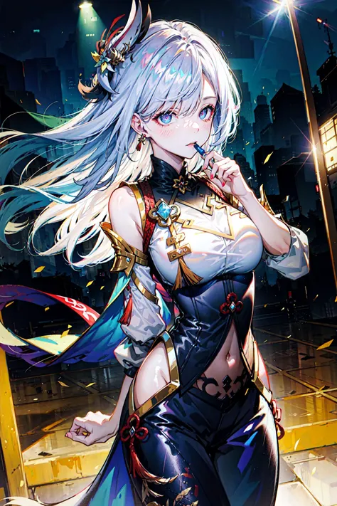 (best quality, detailed background, highres, absurdres, bloom, disheveled hair, shiny hair, exposed in lighting, bright pupils),
1girl, focus on leg, earpiece, long hair, silver hair, large_breasts, action_pose, standing,  arms behind back, stage, spotlight, glass ceiling, 
<lora:shenheLoraCollection_shenheMedium:0.5>, shenhe \(genshin impact\), hair_ornament, hair over one eye,  designer dress,  dutch_angle, upper body,