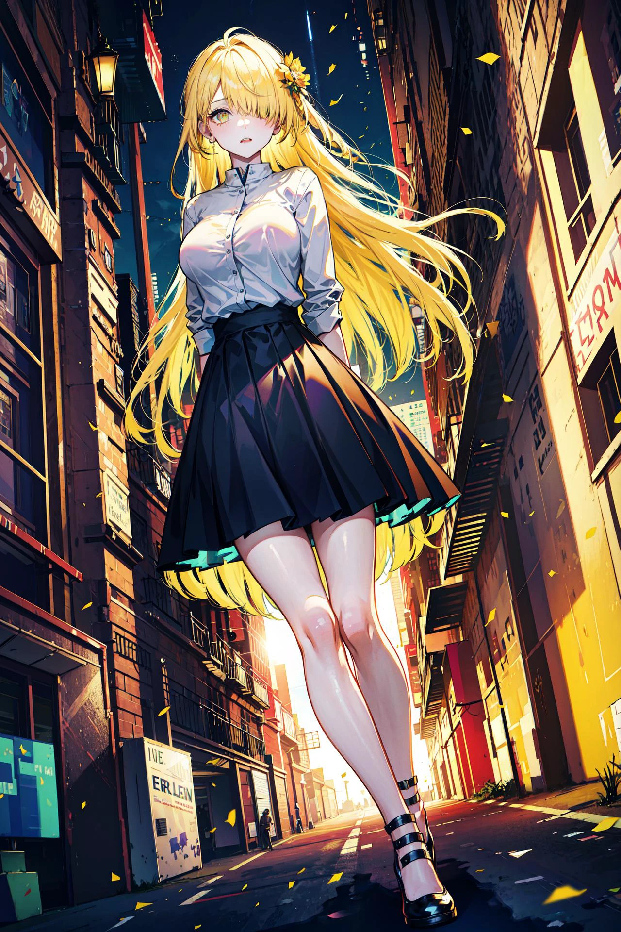 (best quality, detailed background, highres, absurdres, bloom, disheveled hair, shiny hair, exposed in lighting, bright pupils, dedicated detailed eyes),
1girl, earpiece, long hair, blonde hair, large_breasts, arms behind back, daytime, outdoors, street, science fiction, sunshine,
hair_ornament, (hair over one eye), full body, dutch angle, focus on legs,