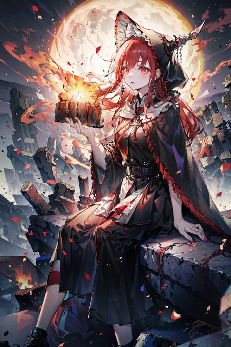 (red_greyscale),masterpiece,1girl,solo,sitting,bonfire,campfire,full_moon,field,ruins,red_hair,long_hair,black_cloak,cape_hood,red_eyes,emotionless,outdoors,cross_earring,