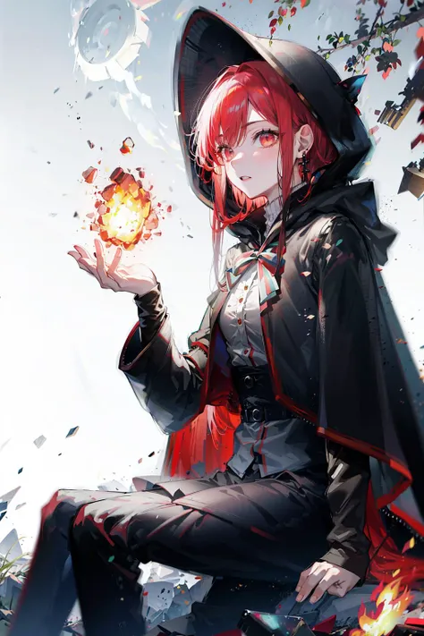 (red_greyscale),masterpiece,1girl,solo,sitting,bonfire,campfire,full_moon,field,ruins,red_hair,long_hair,black_cloak,cape_hood,red_eyes,emotionless,outdoors,cross_earring,